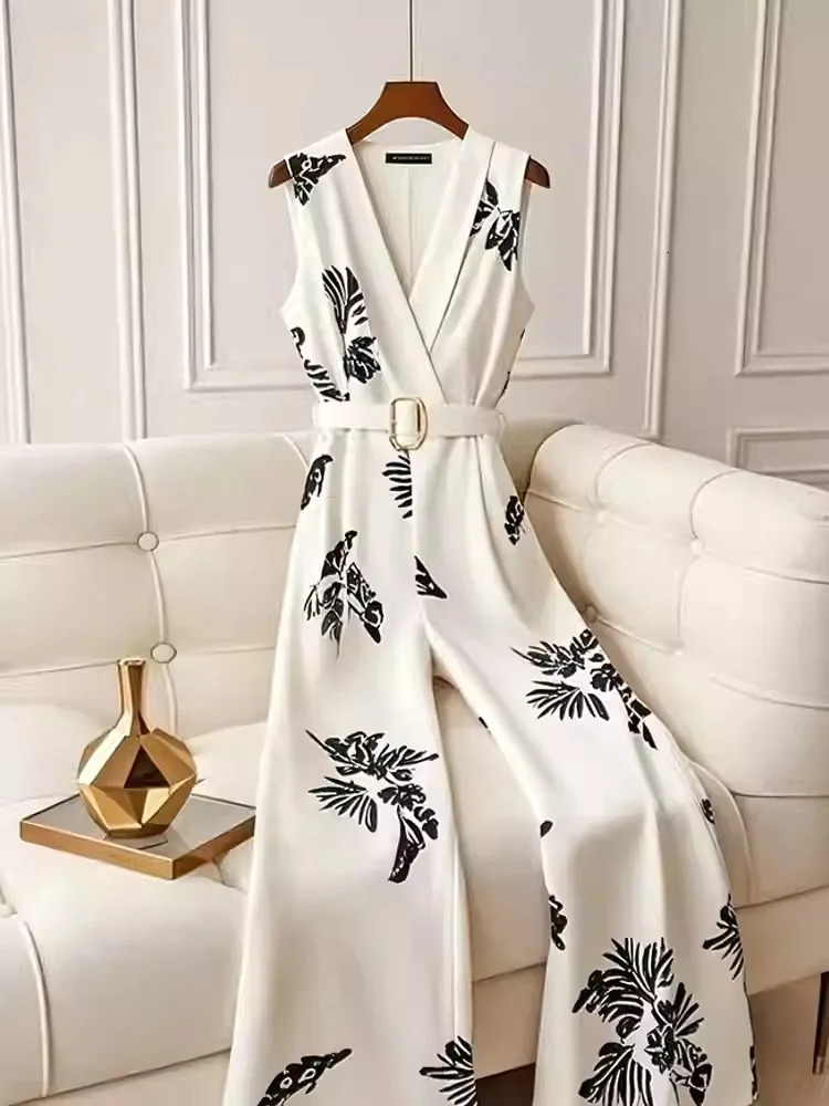 White Printed Jumpsuit For Women In Summer High-End Style Old-Fashioned Style Hanging And Elegant Pants 250520