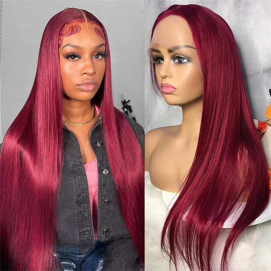 Bone Straight Lace Wigs Burgundy 250 Density 34 Inches Bone Straight Hair 13x4 Transparent Lace Front Look Like Human Hair Wigs Brazilian 13x4 Glueles
