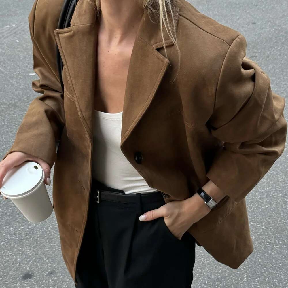TRAF Women's Old money Jackets Brown Leather Suede Coat Vintage Demi-season Jacket Autumn Winter New in Outerwears