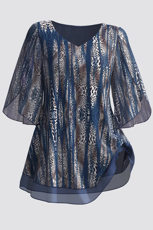 Summer Casual Tops Short Sleeve Women Blouse Plus Size Allover Leopard Print Cold Shoulder VNeck Blouses Loose Womens Clothing 250514
