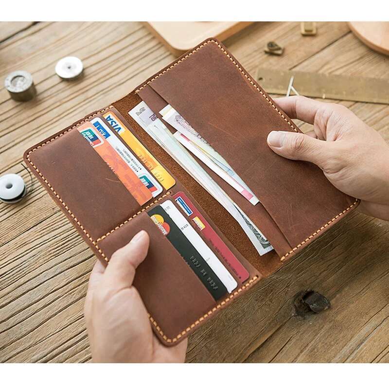 Vintage Handmade Crazy horse long wallet Genuine Leather men Wallet male clutch women purse clips money bag