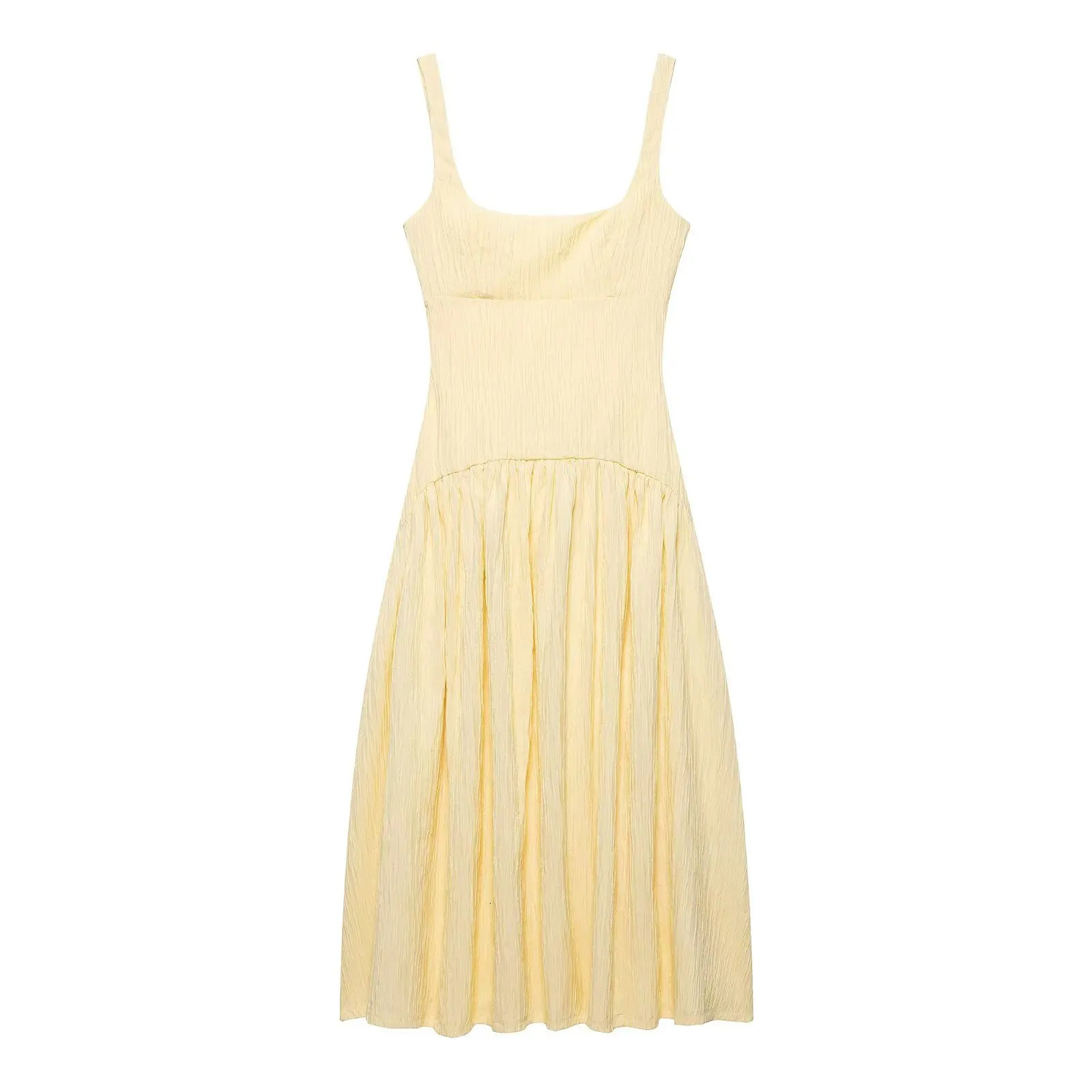 ZBZA Women Pleated Midi Dress Square Neck Halter Back High Waist Zipper Aline Suspender Spring Summer Female Chic Top 250520