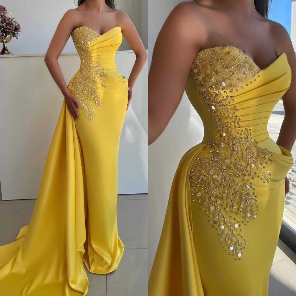 Satin Yellow Mermaid Prom Dresses Crystals Sequined Sweetheart Neck Evening Formal Party Second Birthday Engagement Gowns Customized