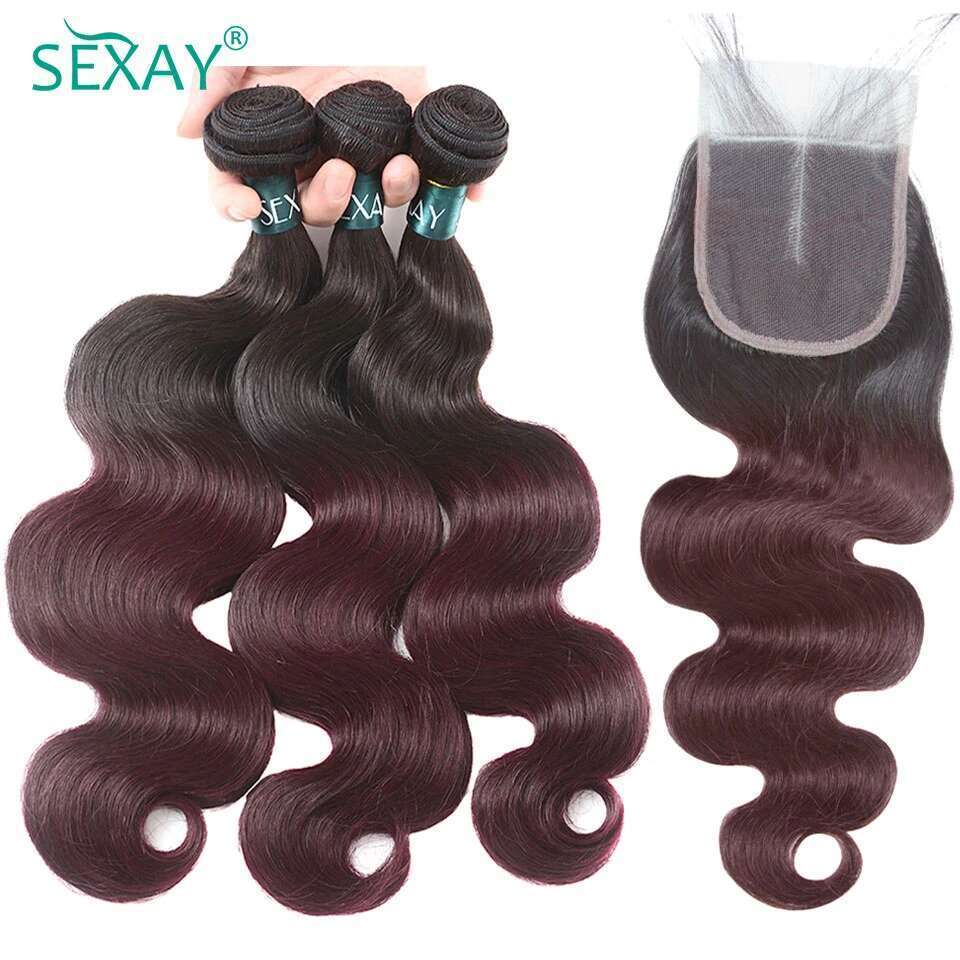 1B 99J Body Wave Free Part Brazilian Human Ombre Bury Hair Bundles With Transparent Lace Closure