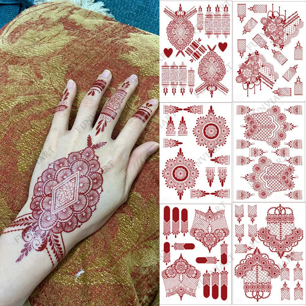 10 Pcs/Set Maroon Color Henna Tattoo Stickers for Hand Brown Red Henna Tattoos for Women Waterproof Temporary Mehndi Tattoo Fake 250515