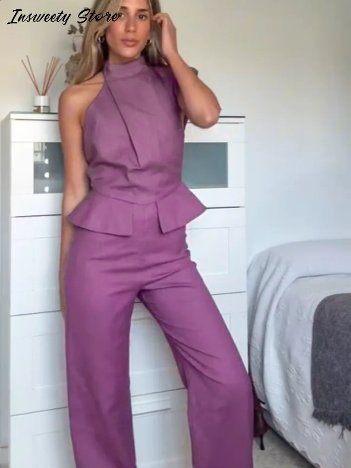 Fashion Halter Jumpsuits Womens Solid Slim Sleeveless Pleated Straight Jumpsuit 2025 Spring Summer Elegant Female Outwear 250519