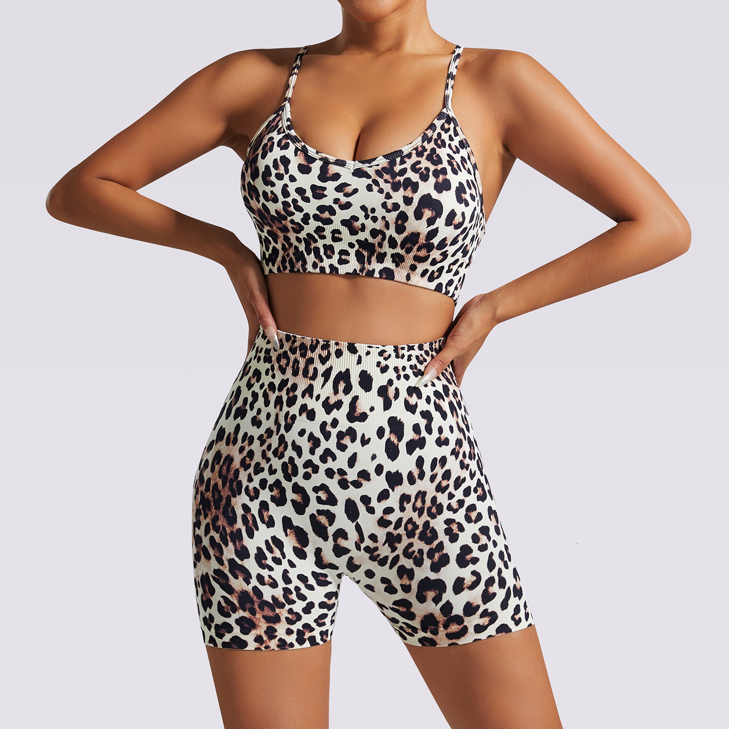 New leopard print shorts, shock-absorbing bra, elastic quick drying fitness yoga suit, sports suit for women