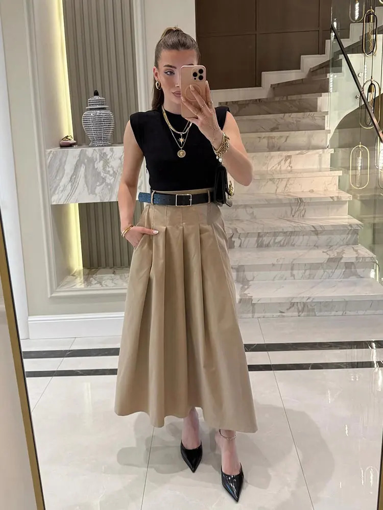 TRAFZA Fashion Patchwork Dresses For Women Summer Casual Sleeveless Midi Dress With Belt Woman Elegant Party Evening 250520