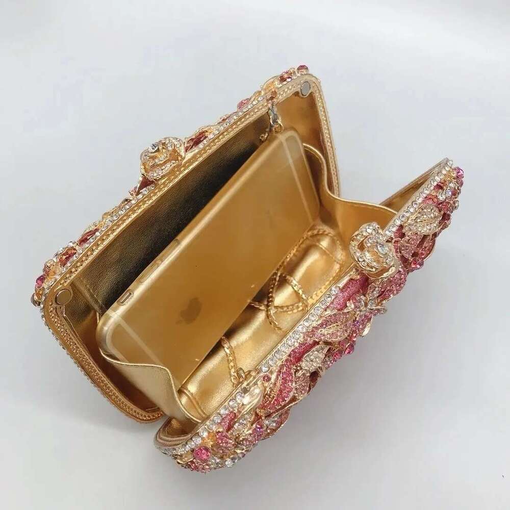 Rose Gold Rhinestone Flower Clutch Purse Crystal Designer Women's Dinner Party Handbags Unique Dia Wedding Evening Ba