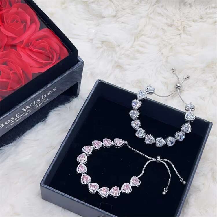 MC340 Sweet Style Shining Pink Zircon Heart Charm Adjustable Chain Bracelet Fashion Women's Accessories