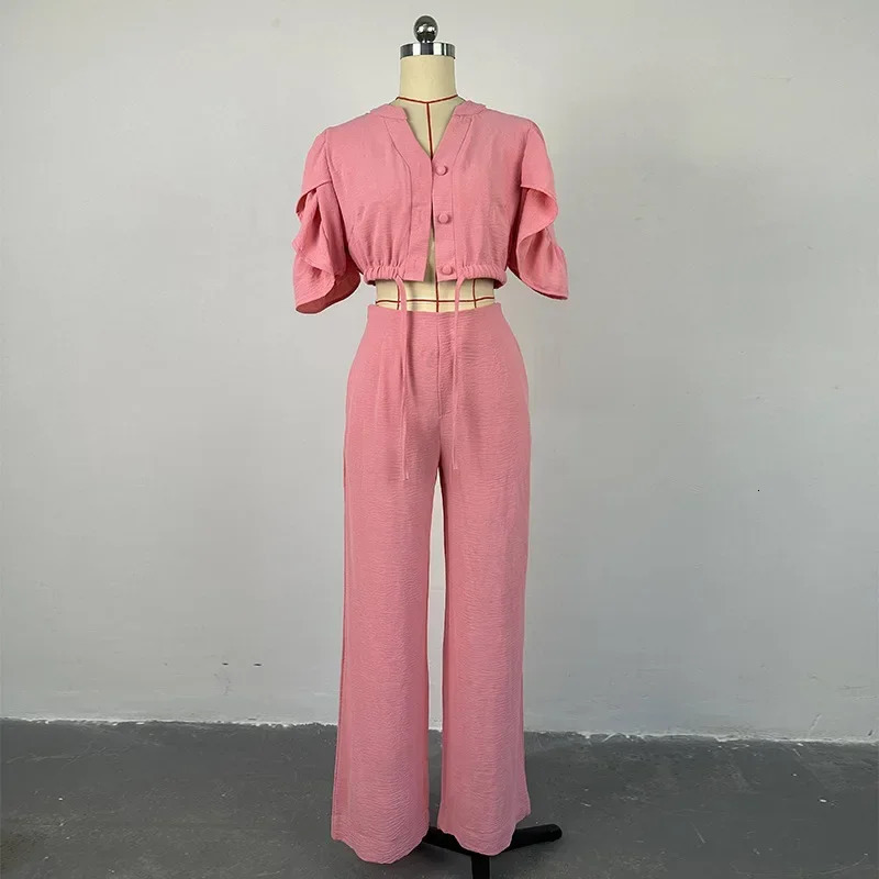 Fashion Women Two Piece Set Outfits Pink V-Neck Flared Sleeve Lace Up Top Casual Wide Leg Pants Set Female Suit 250516