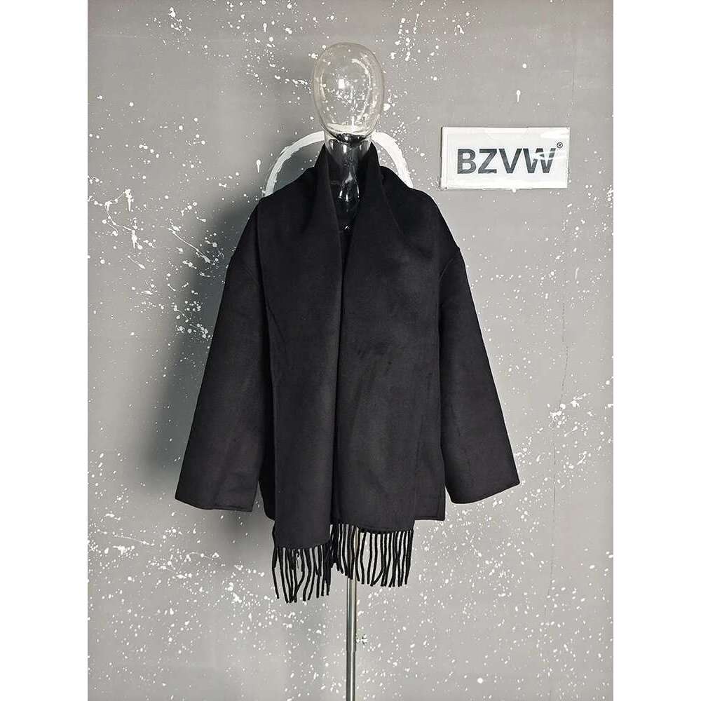 BZVW Tassel Scarf Collar Wool Blended Striped Coat With Pocket Women's Elegant Woolen Clothes 2025 Autumn Winter New 2Da9803