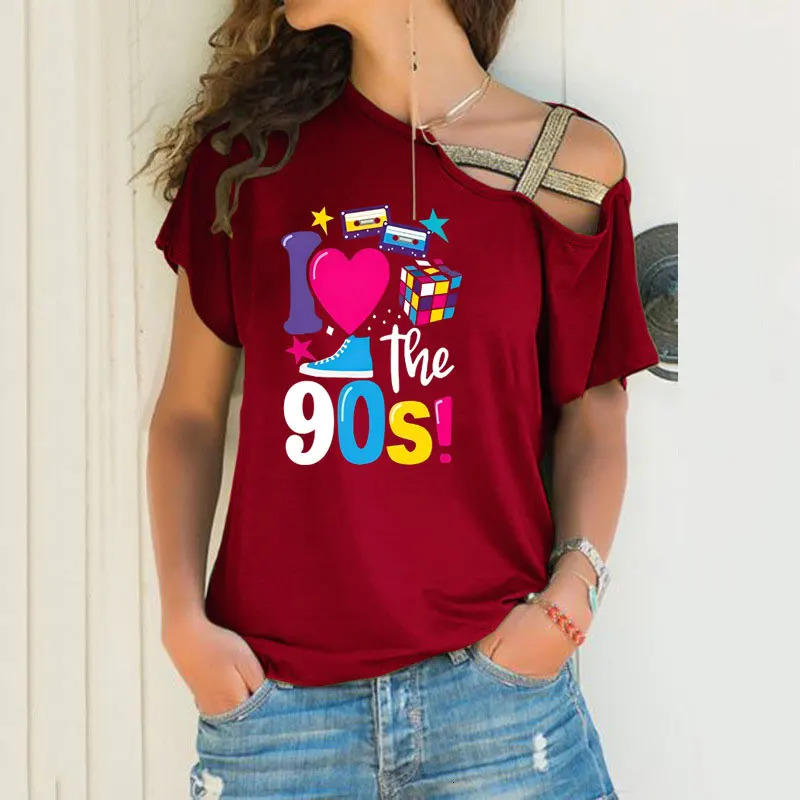 Fashion Womens t shirt Sexy Off Shoulder Short Sleeve 90s Retro Feeling Graphics Prin Irregular Skew Cross Bandage Tops Tees 250517