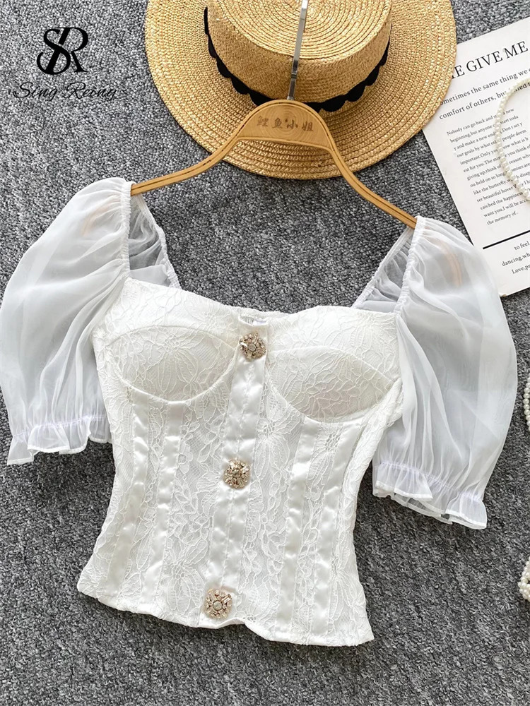 SINGREINY Fashion sweet Lace Blouse Women Sqaure Neck Puff Sleeves Buttons n Top Pleated Skinny Solid Frence Sweet Shirt 250520