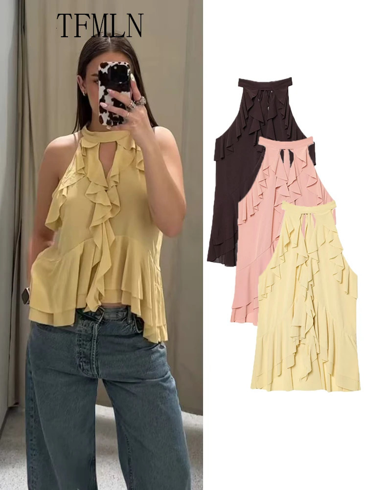 TFMLN Summer Women Tierred Halter Blouse Fashion Sleeveless Ruffles Thin Causal Chic Tops Sweet High Street Ladies 250520