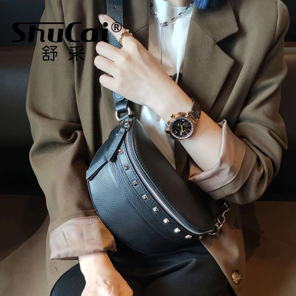 Genuine Female Korean Version Soft Leather Chest Ins Youth Willow Studs Crossbody Waist For Women Saddle Bag