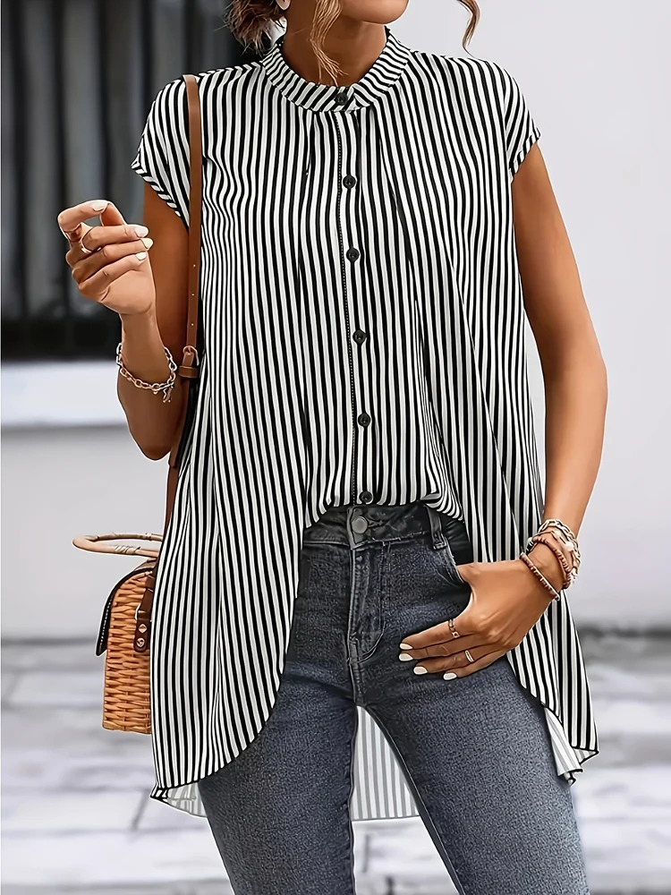 Plus Size Womens Summer Striped Shirt High Collar Single Row Button Basic Office Fashion Long 250520