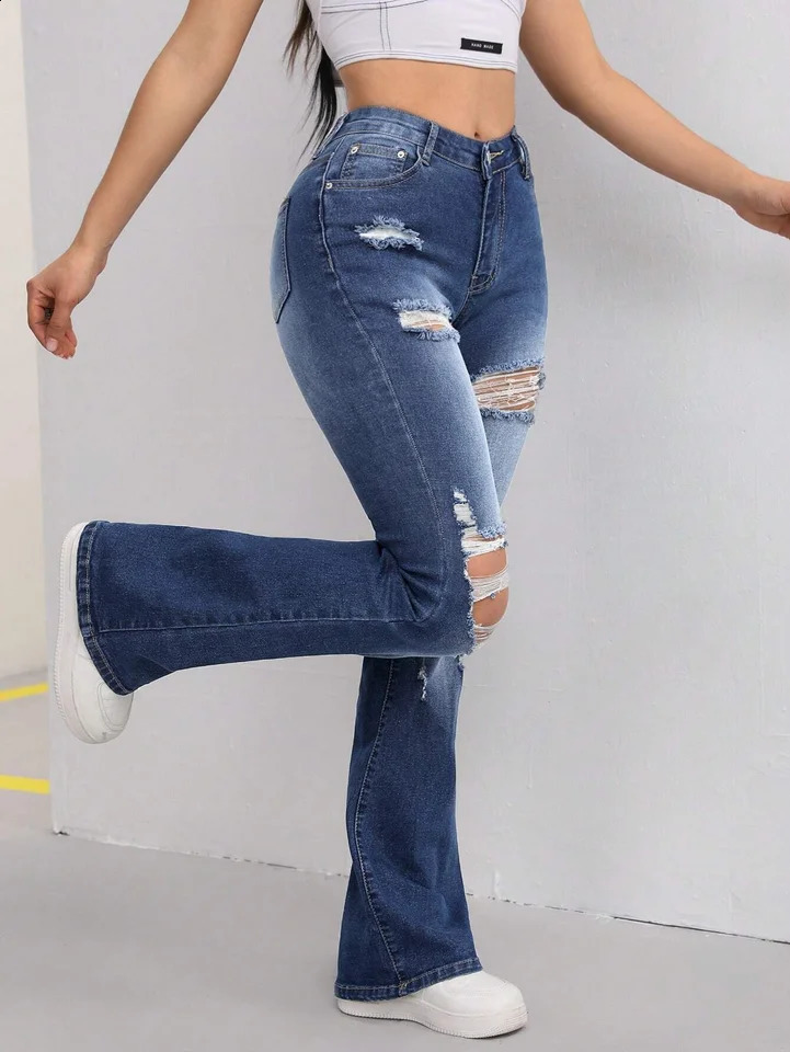 Spring And Summer Womens Jeans Washed Ripped Slanted Pockets Fashionable Versatile Flared 250513
