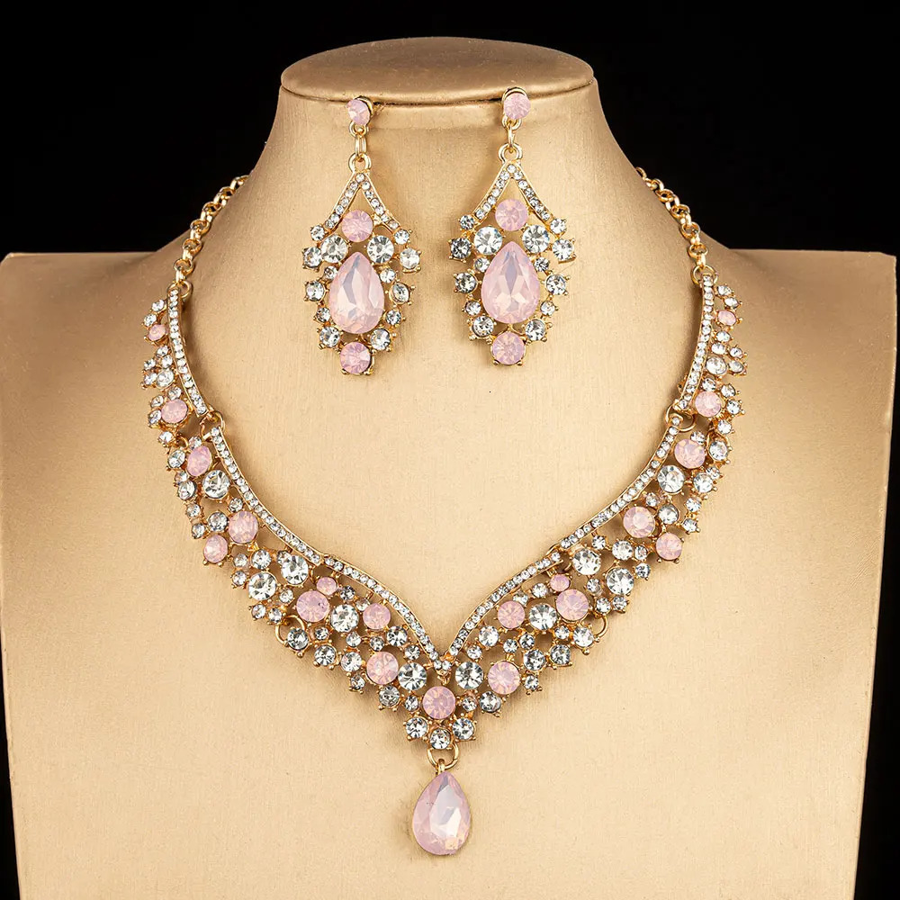 KMVEXO Crystal Opal Choker Necklace Earrings Set Rhinestone Bridal Jewelry Sets for Bride Wedding Party Costume Bijoux 250520