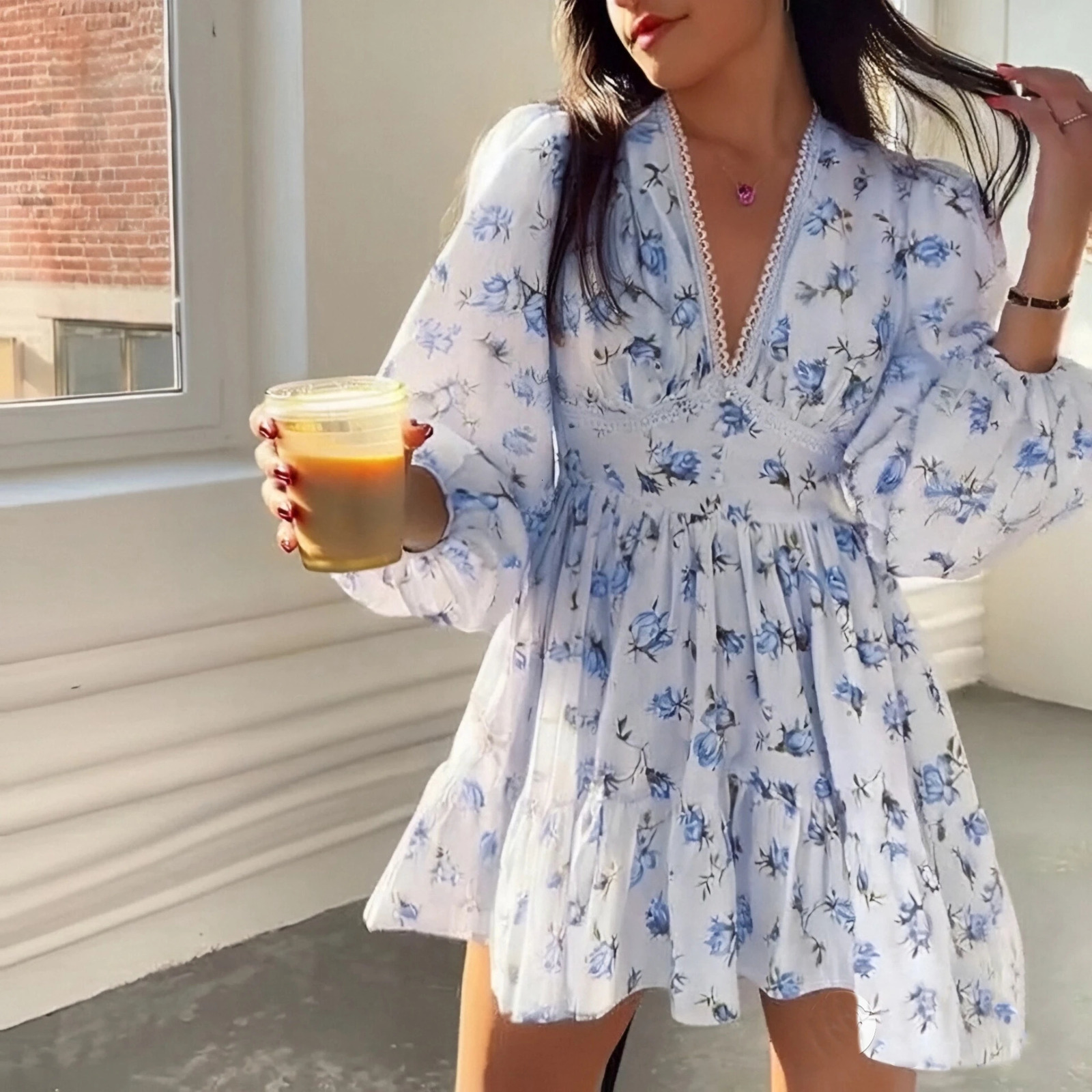 Women Fashion Floral Print Dress Summer Fall V Neck Lace Long Sleeve Mini Dresses Female Casual Street Holiday Vestidos 250520