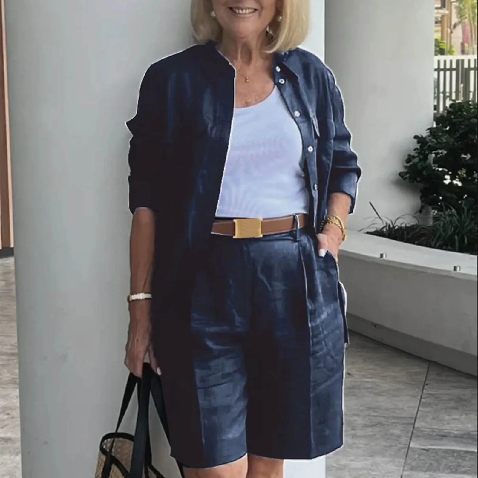 Elegant 2-Piece Sets For Women Womens Cardigan Shirt Top Summer Solid Color Casual Shorts Two Piece In Matching Sets 250516