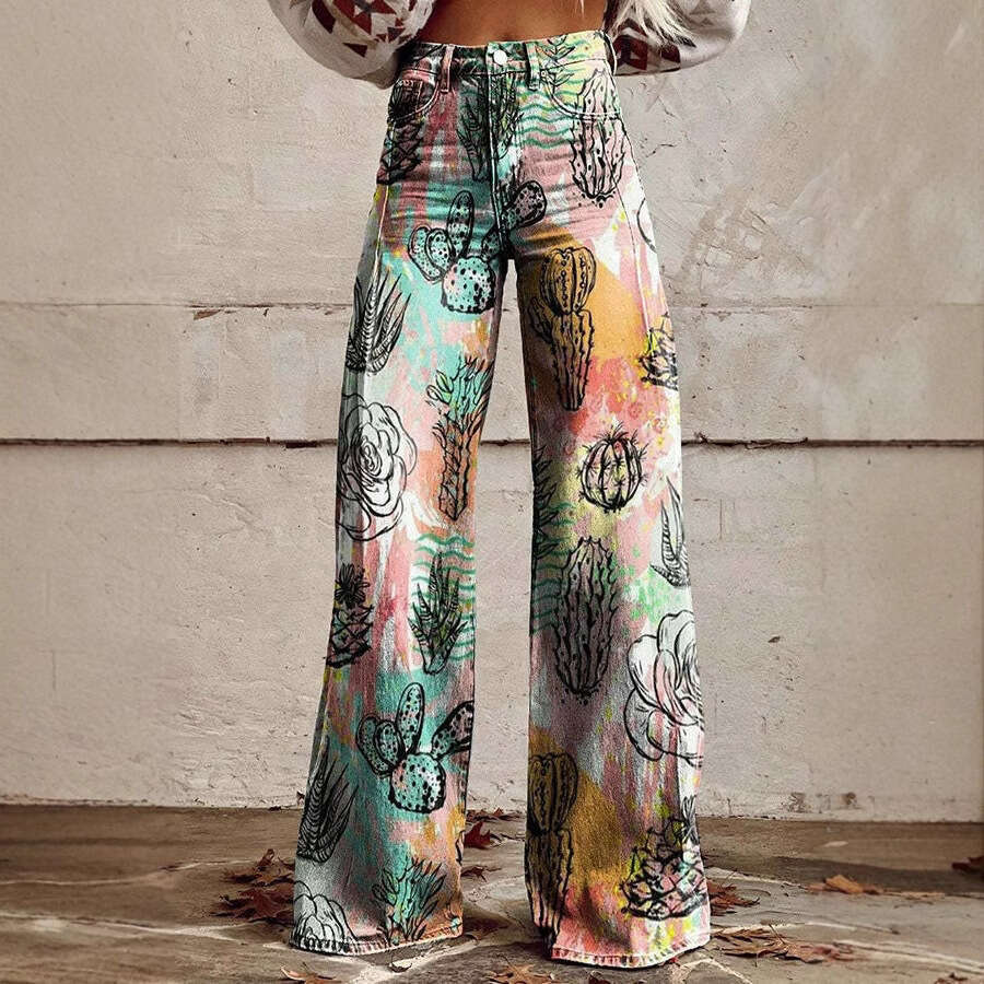 Women's High-Waisted Wide-Leg Printed Stretch Jeans - Casual Fashion with Flare