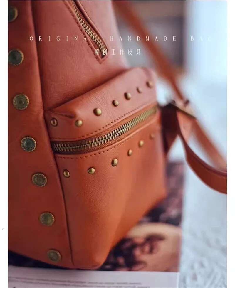 Fashion Vintage Designer Handmade Genuine Leather Women's Backpack Outdoor Travel Natural Real Cowhide Female Rivet Bookbag