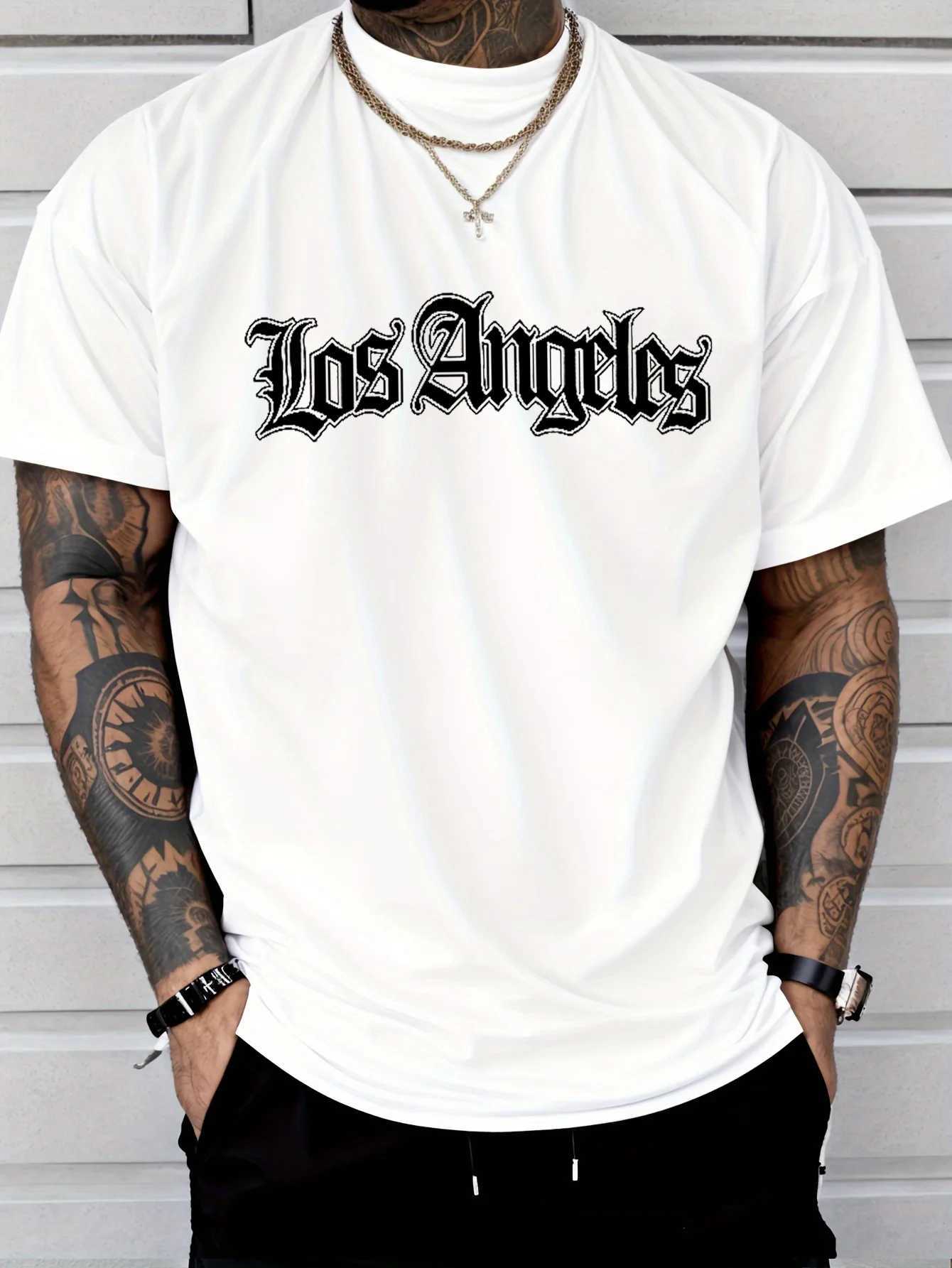 Mens summer 100 cotton fashionable casual loose plus size Los Angeles letter printed sports round neck short sleeved T-shirtXJ250520