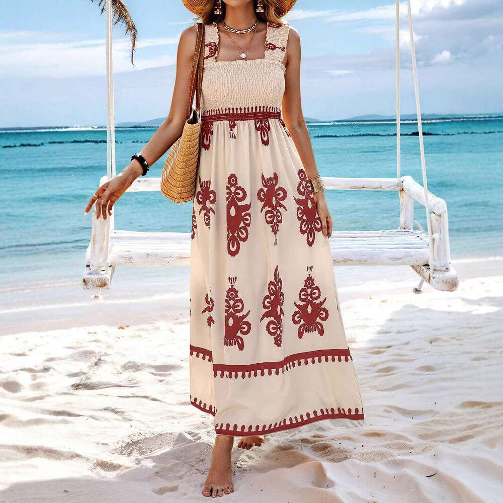 New hot selling women's beach dresses in Europe and America, vacation style printed chest wrapped dresses, 2025 new casual fashion trend clothing