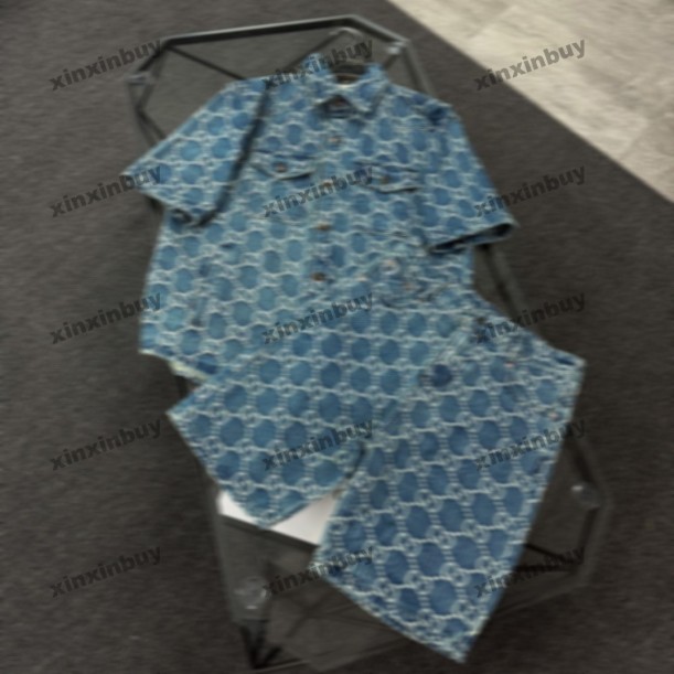 xinxinbuy Men designer Tee t shirt 25ss Double letter jacquard fabric denim suit short sleeve women sets khaki gray blue S-3XL