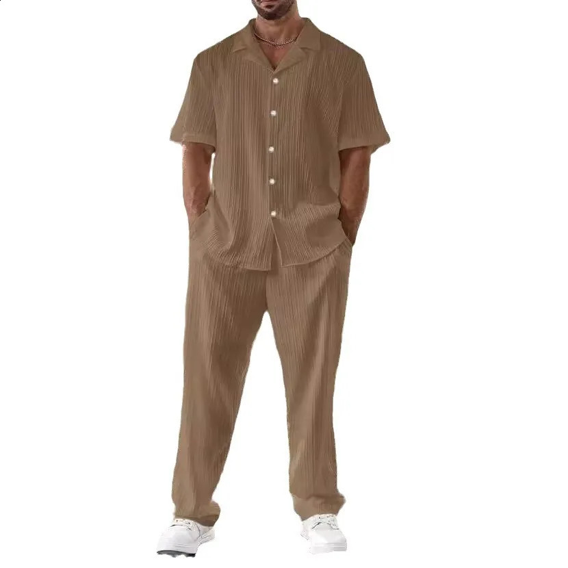 Mens Suit Casual Button Shirt and Short Sleeve Pants Two-piece Set for Men 250519