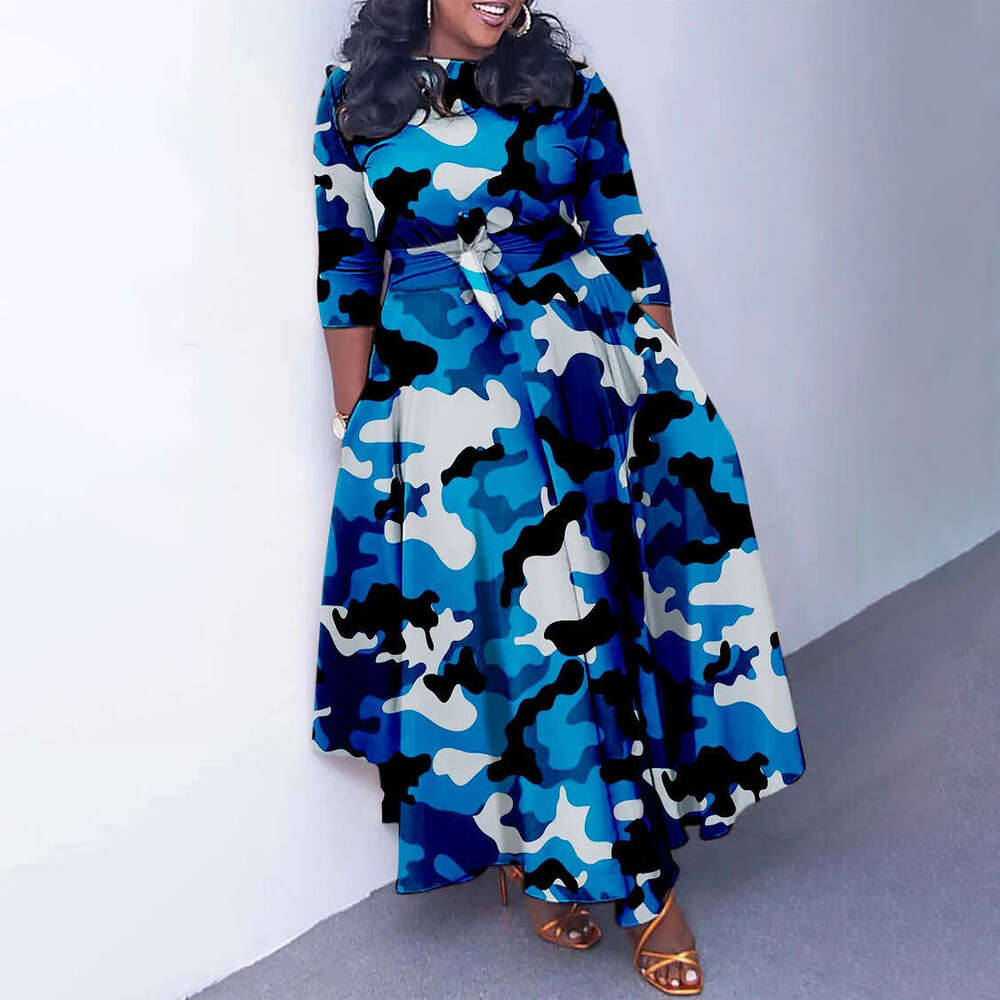 Women's Wear Women's Spring New Fashionable And Stylish Style Lace Up Print Large Medium Length Dress