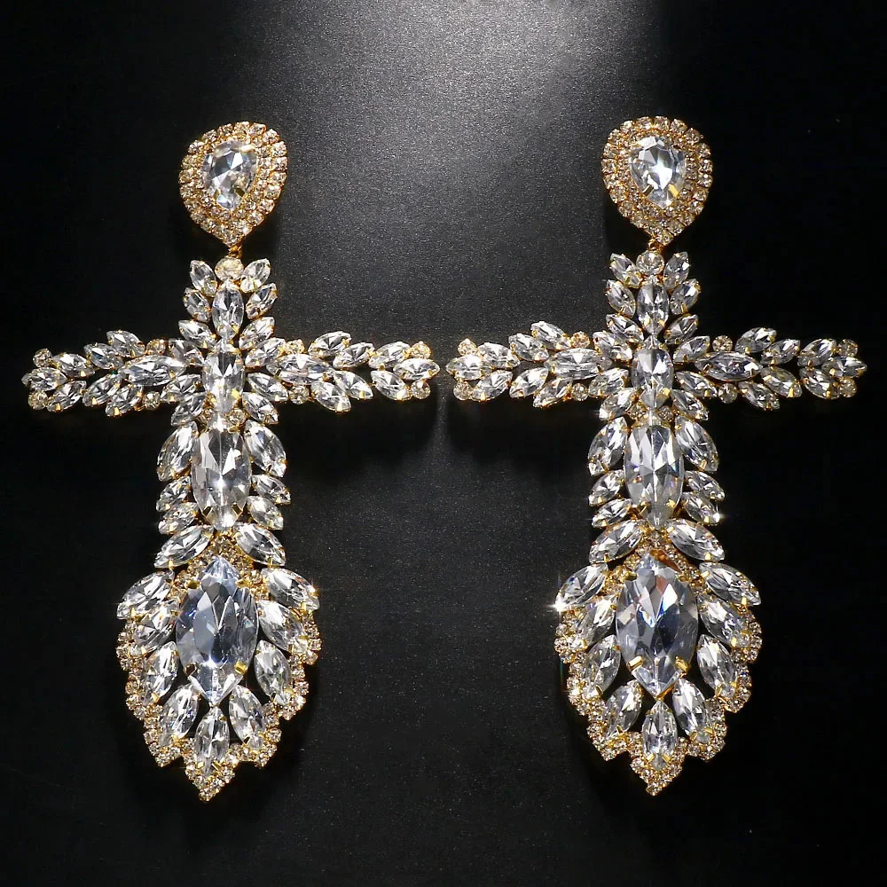Exaggerated Big Cross Earrings Dangle Earings Crystal Jewelry for Women Vintage Long Earrings Large Ear Jewelry Accessories 250519