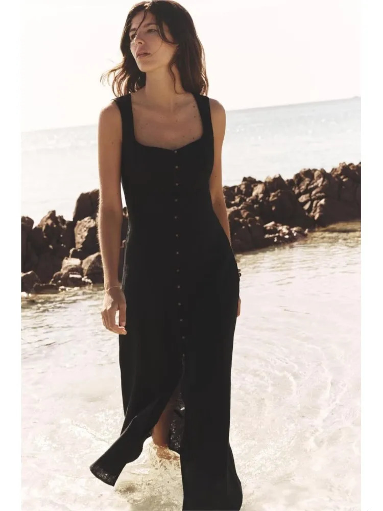 TRAF Simple Women Dress Sleeveless Lady Square Neck Womens Casual Midi With Button Side Zipper Female 250520