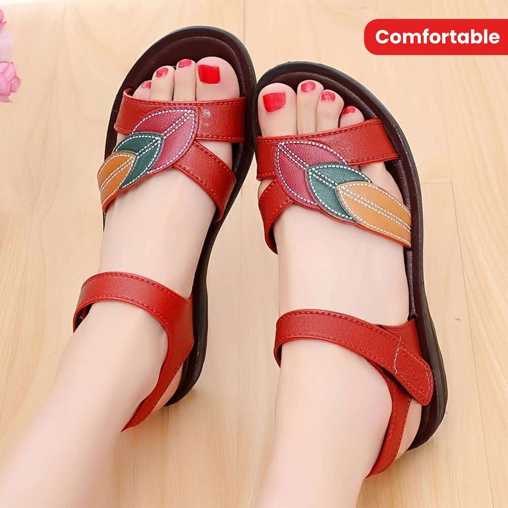 Stylish Floral Open-Toe Flats: Women's Comfy Summer Sandals with Secure Ankle Strap and Easy Hook-and-Loop Closure