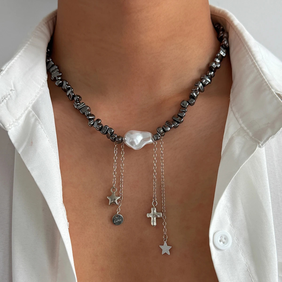 Ingemark Fashion Pearls CCB Beaded Necklace Women Hip Hop Punk Five-pointed Star Pendant Necklace Steampunk Jewelry 250520