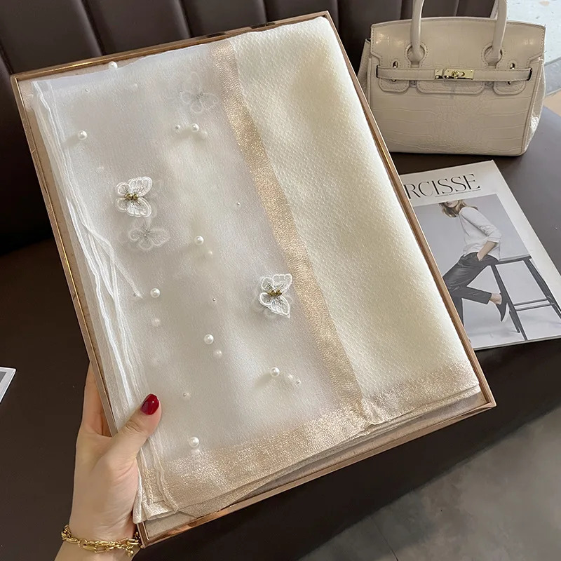 Women Fashion Butterfly Embroidered Scarf Plain Solid Silk Linen Shawls Scarves Summer Lady Bandanas Foulard Hijab 250517