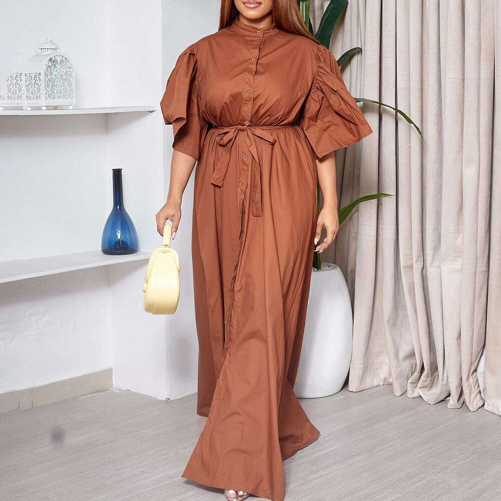 Women's Wear D3270- Summer Fashion Flare Sleeves Single Breasted Belt Loose Waist Long Dress