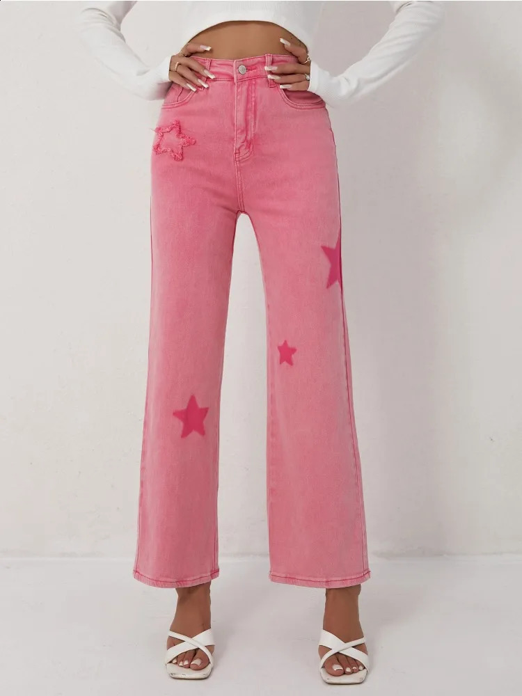 Womens Pink Jeans Star Print Flared High Waist Denim Trousers Stylish and Comfortable Outfit Option 250513Z