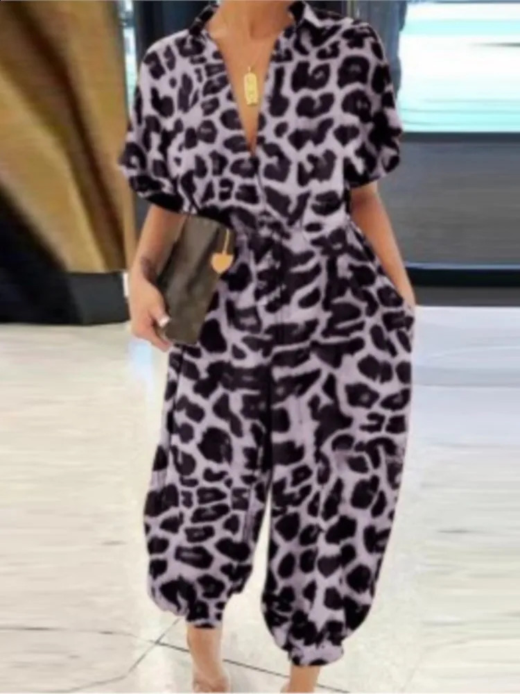 Summer Fashion V-Neck Button Lace-Up Jumpsuit Short Sleeve Loose Playsuit Overalls Women Elegant Leopard Print Pocket Rompers 250519
