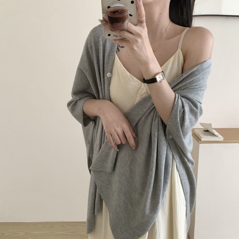K774 Sunscreen thin knitted shawl color loose button versatile super fairy office medium and long advanced air conditioning outer wear