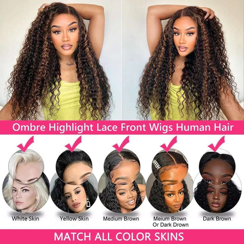 Ombre Highlight Deep Wave Front Wigs Human Hair 1B/30 Colored Water Curly 13x4 Lace Frontal Wig Pre Plucked for Women