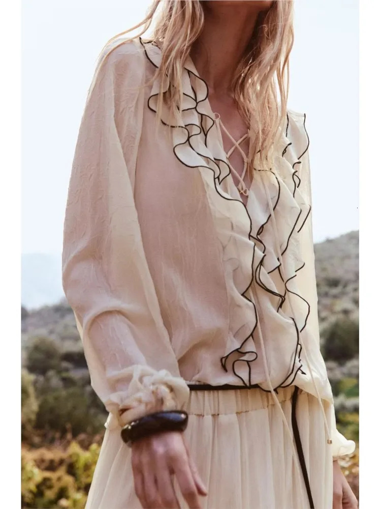 TRAF Flowy Skirt Set Women 2 Piece Semi Sheer Blouse With Ruffle Trims Elastic Waist Skirts Belt Two Outfit 250520