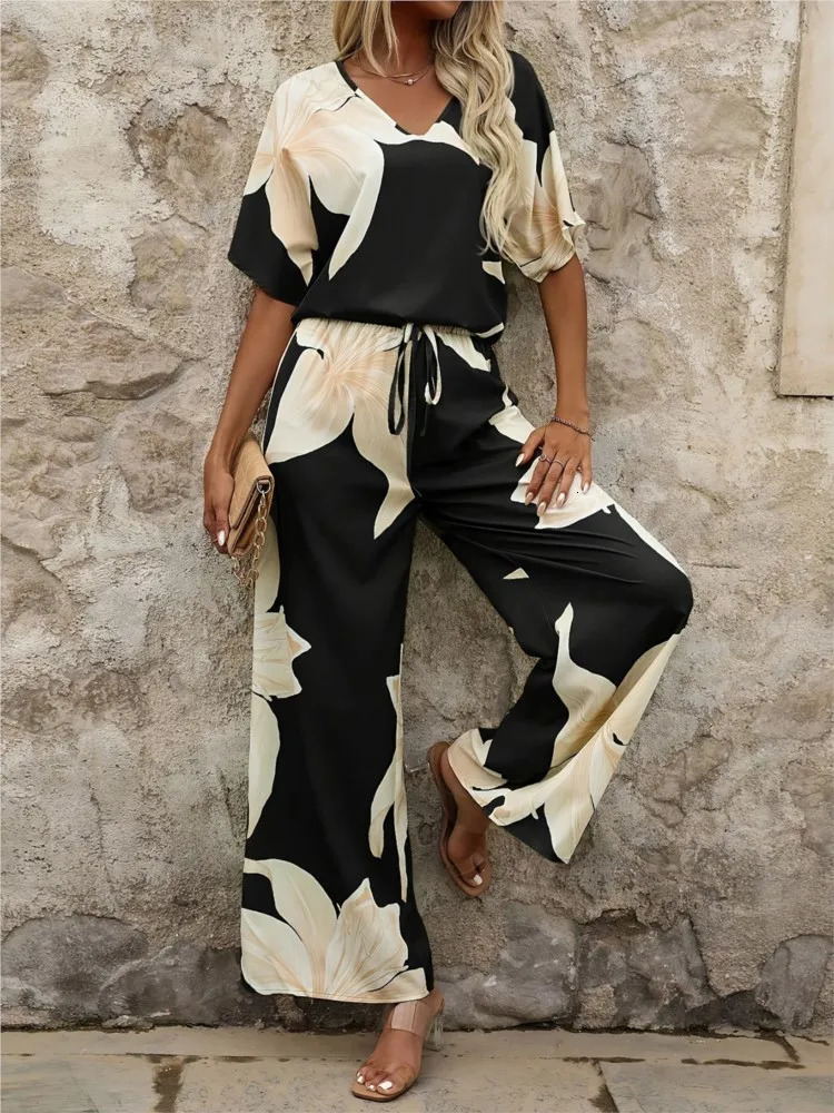 Fashion Print Two Piece Set For Women Casual V-neck Short Batwing Sleeve Top And High Waist Wide Legs Pants Loose Sets Female 250516
