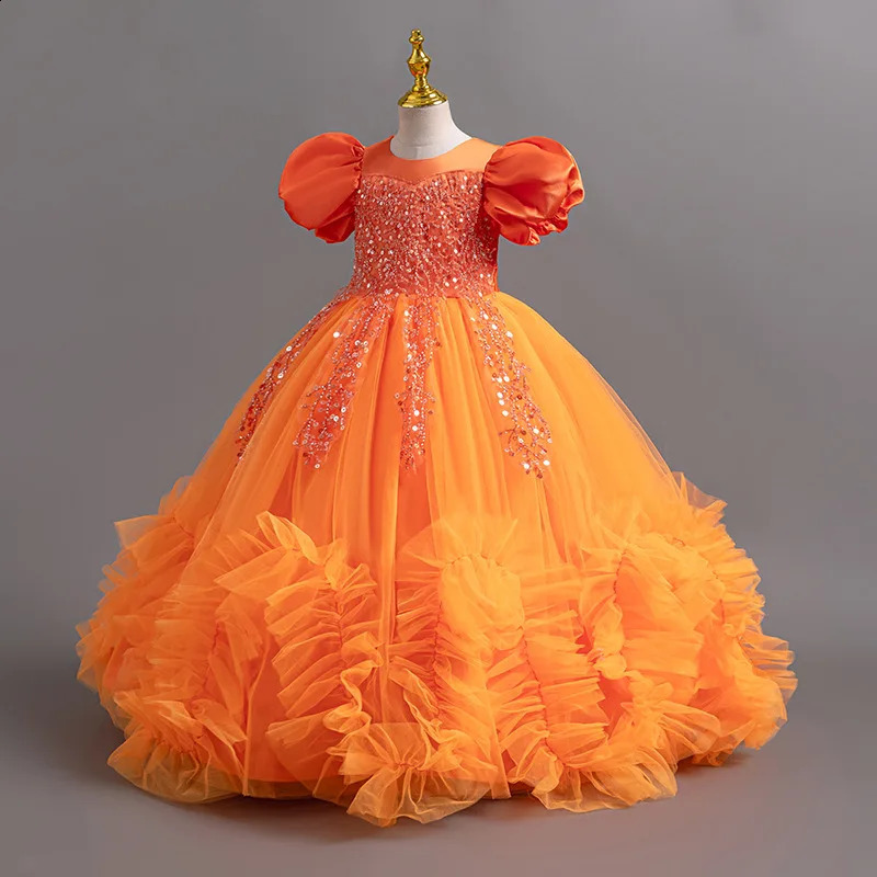 Girls Pearl Puff Sleeve Princess Dress 4-12 Years Old Fashionable Embroidered Puff Skirt Carnival Birthday Party Evening Dress 250519