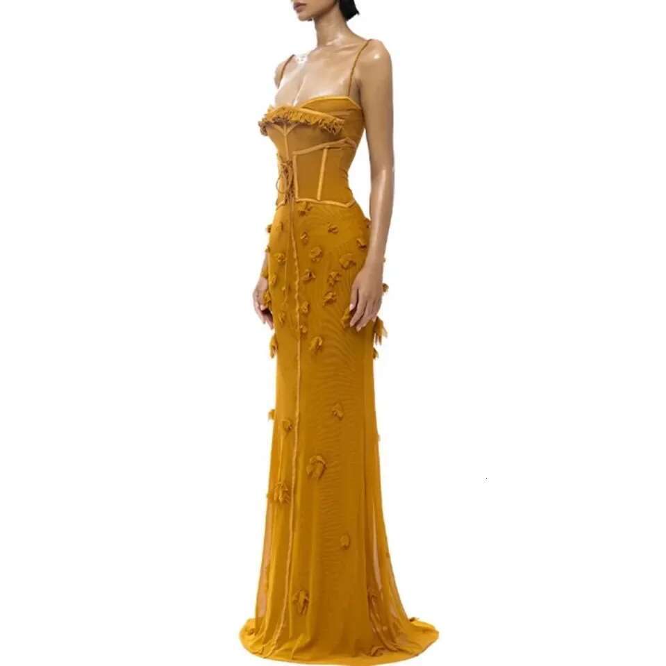 Sexy Strap Design 3D Embroidered Elastic Net Waist Cinching Long Vieamese Small Fashion Brand Summer Dress