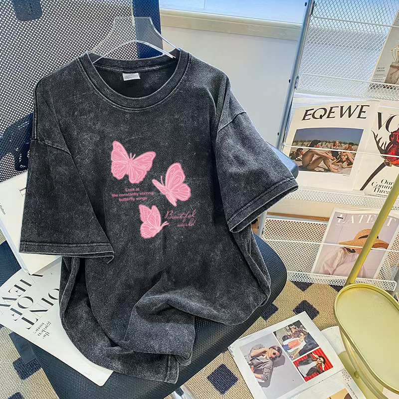 Fashion Brand Old Style Short Sleeved T-shirt For Women Loose And Oversized Washed Black Printed Clothes 2025 New Style Designer Clothing