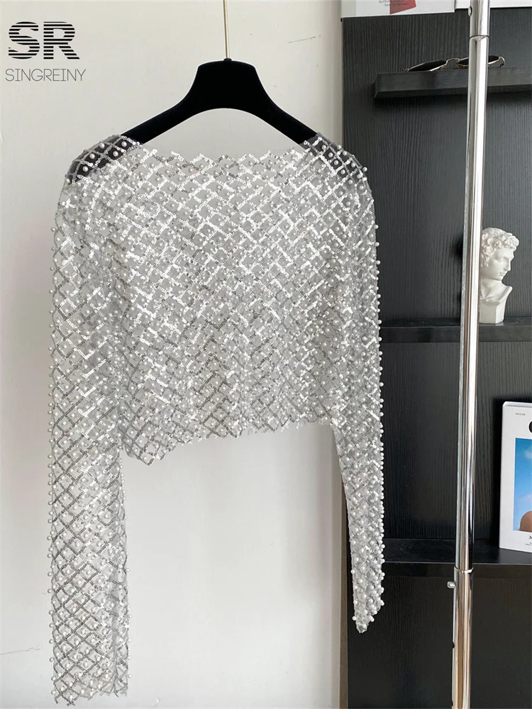 SINGREINY Sexy Pearl Beading Crop Tops Women O Neck Long Sleeves Sheer Shirts Fashion Streetwear Sequined Sunproof Blouses 250520
