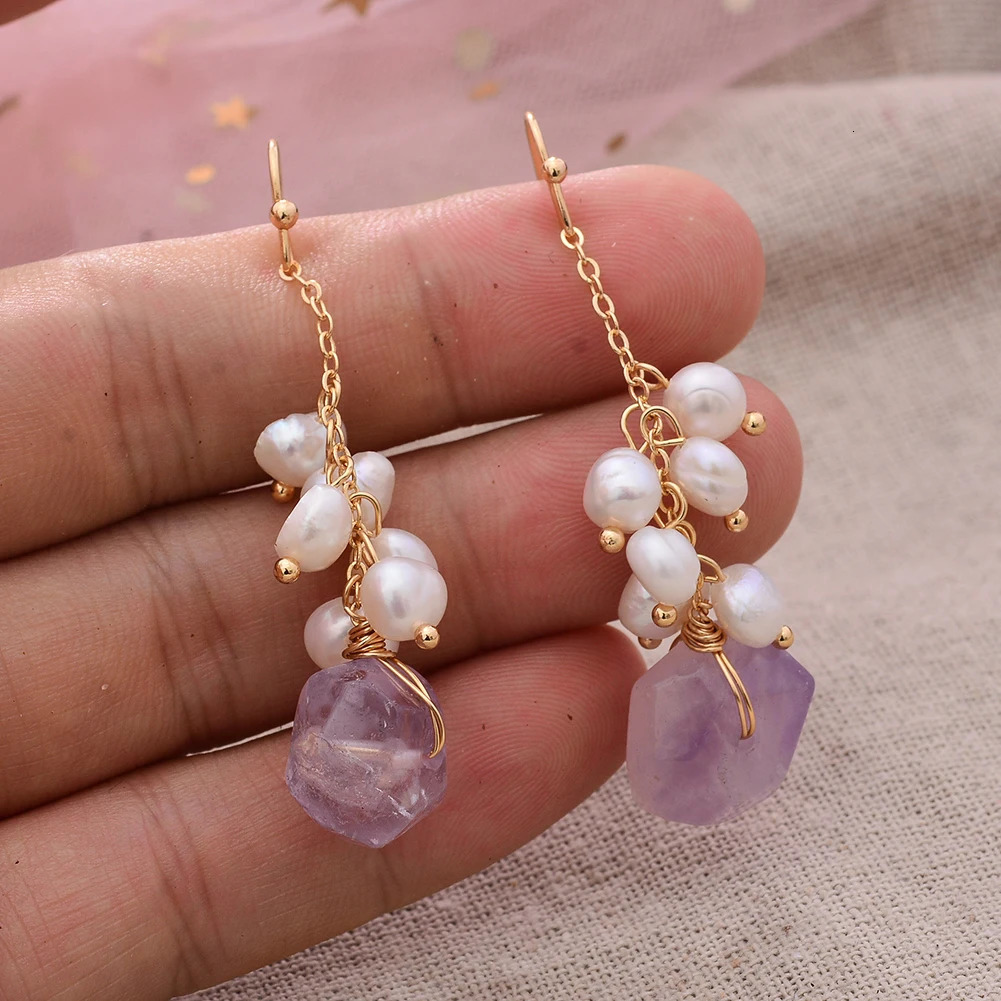 Original Handmade 14K Gold Filled Natural Freshwater Pearl Irregular Amethyst Ladies Drop Earrings Jewelry Women Wedding Gift 250517