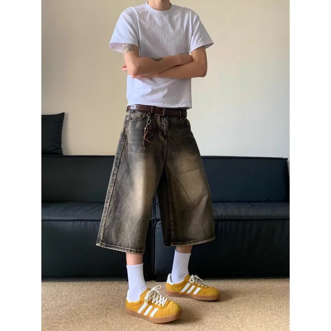 American retro cropped men wide leg jeans Y2k Gothic washed loose straight casual couple shorts sweatpants 250519